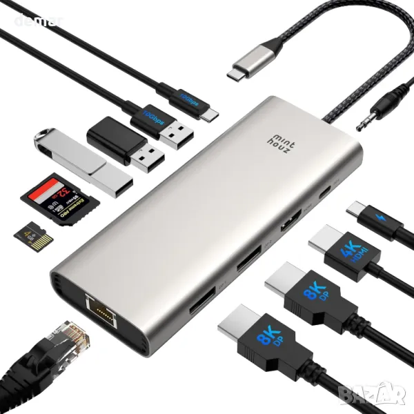 USB C докинг станция с троен дисплей Minthouz 12 в 1 USB C хъб, 4*USB порта, снимка 1