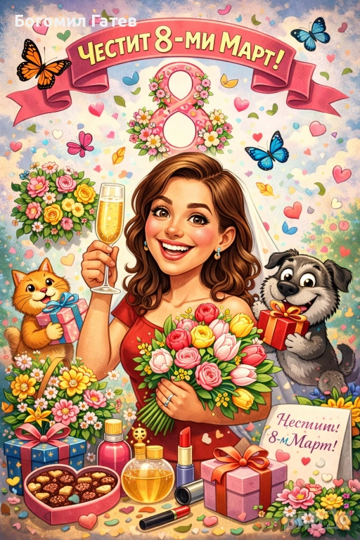 Карикатура за 8-ми март по снимка – JPG файл | Оригинален подарък за жена, снимка 1