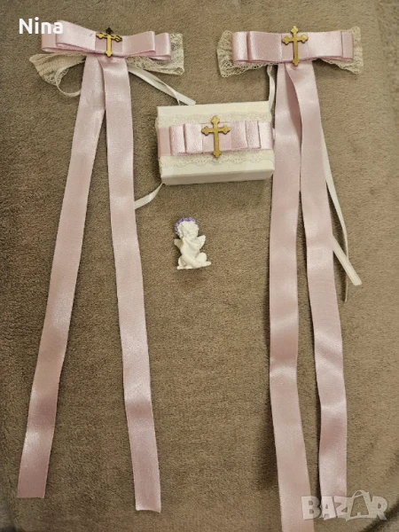 Комплект за кръщене кутия за кръстче и панделки за свещи, снимка 1