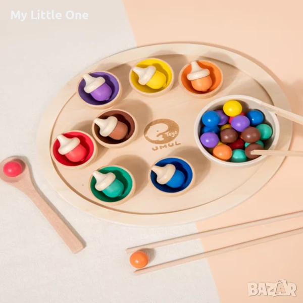 Дървена игра за сортиране на цветни топчета и жълъди, снимка 1