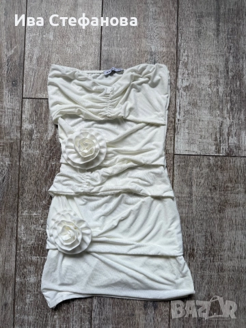 Нова къса бяла еластична парти коктейлна официална рокля 3Д 5D рози цветя 