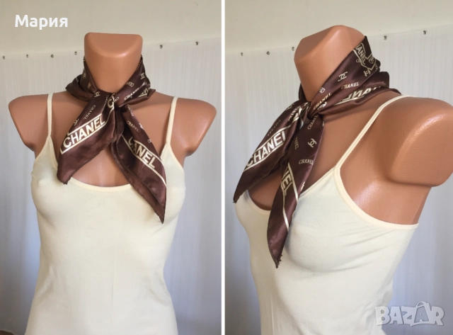 Дамски Квадратен Шал Кафяв Бежов / Кремав Полиестер Сатен Chanel Шанел Лого, снимка 11 - Шалове - 51822664