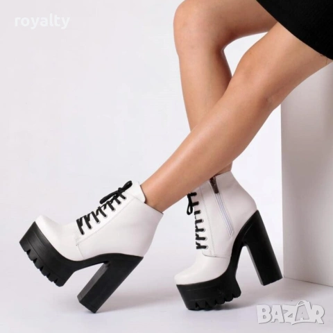 Боти на ток - бяла кожа с черно ходило, снимка 4 - Дамски боти - 54159996