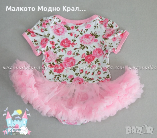 Комплект "Светли рози" боди рокличка, пантофки и лента за коса, снимка 4 - Бебешки рокли - 51504881