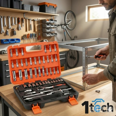  Професионален комплект инструменти 1TECH HT-53, Гедоре 53 части, Тресчотка, Дълбоки вложки, В куфар, снимка 4 - Други инструменти - 53974797