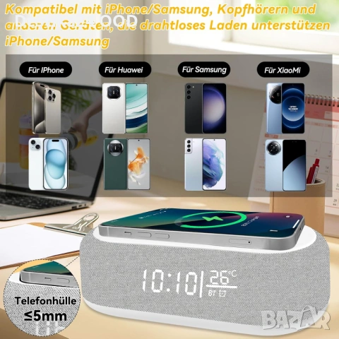 Смарт будилник с Bluetooth колонка и безжично зарядно 15W, снимка 2 - Друга електроника - 54130996