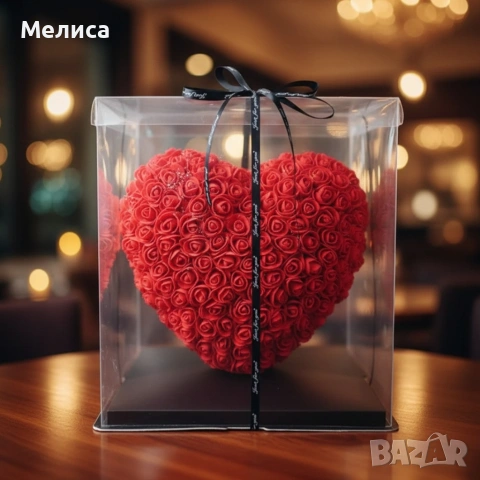 Декоративно сърце от изкуствени рози в подаръчна кутия, снимка 3 - Подаръци за жени - 53194543