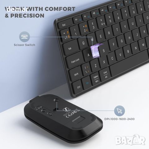seenda Комплект акумулаторна безжична Bluetooth клавиатура и мишка, ултратънка, снимка 5 - Клавиатури и мишки - 46414891