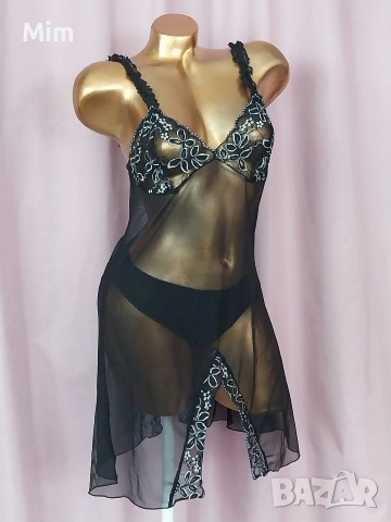 М/L Черна прозрачна нощница с бяла дантела 