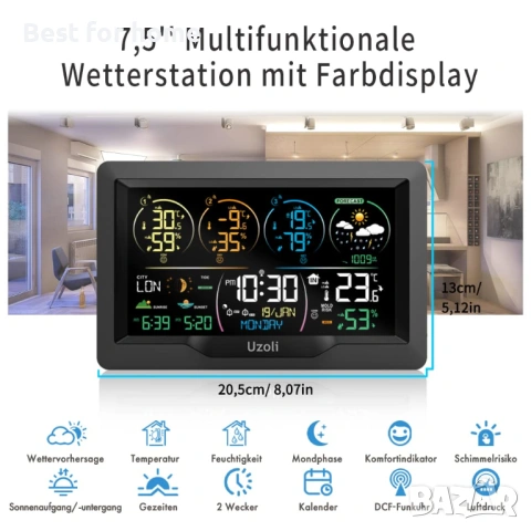 Безжична метеорологична станция Uzoli EM3390 с 3 външни сензора, DCF радио часовник, снимка 2 - Друга електроника - 53947363