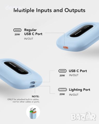 Charmast 10000mAh захранваща банка с вграден кабел, 20W PD, 3 IN/OUT LED дисплей, синя, снимка 7 - Външни батерии - 45177283