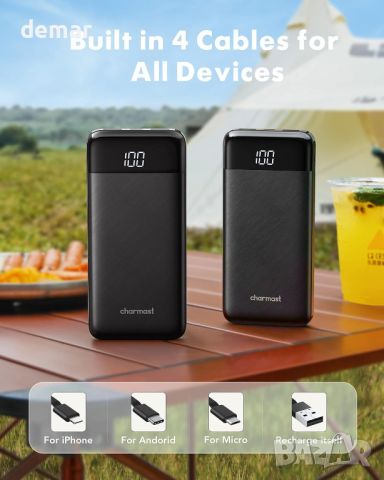 Charmast Power Bank с вградени кабели 2 броя, 10000mAh USB C батерия 6 изхода 3 входа, снимка 2 - Външни батерии - 46010184