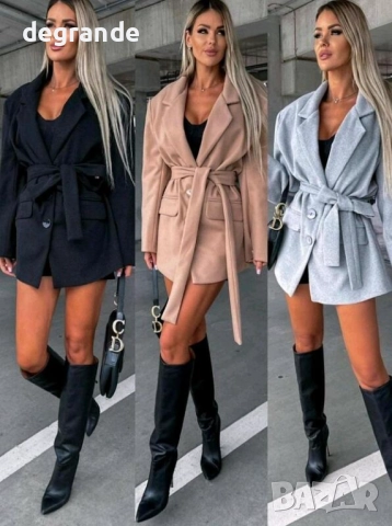 Дамско черно късо палто с колан, снимка 2 - Палта, манта - 52624321