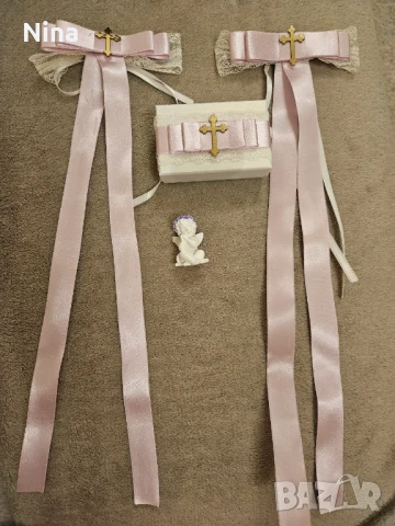 Комплект за кръщене кутия за кръстче и панделки за свещи
