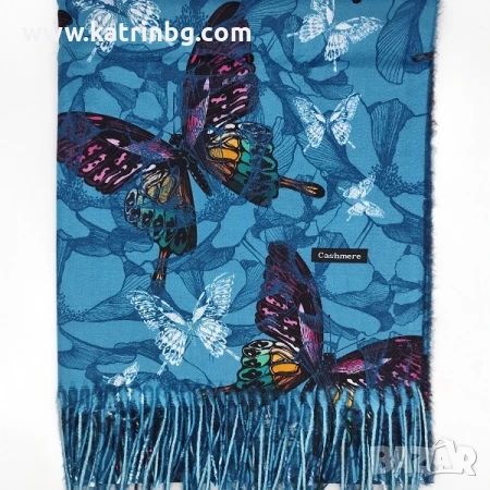Кашмирен дамски шал в синьо с пеперуди Код на продукта:sh-10-6