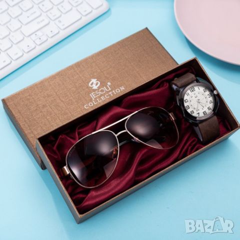 Мъжки подаръчен комплект, красиво опакован ръчен часовник и комплект слънчеви очила 2 в 1 за Свети В, снимка 1 - Подаръци за мъже - 46412414