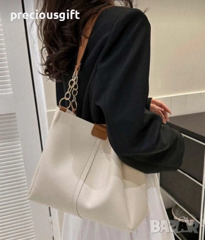 Дамска голяма кожена бежова чанта, снимка 3 - Чанти - 54139423