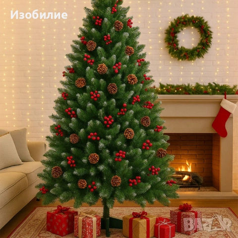 Изкуствена елха Luxury Diamond с червен глог и шишарки, снимка 6 - Декорация за дома - 52386817