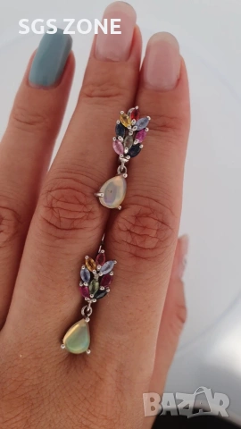 Сребърни обеци с многоцветен сапфир и опал от Тайланд, снимка 2 - Обеци - 53440822