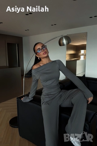 Дамски сив сет от две части – блуза с асиметричен дизайн и панталон, снимка 2 - Комплекти - 52795113