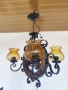 Красив полилей съчетание от дървено колело и елементи на ковано желязо, жълти стъкленици и розетка , снимка 6