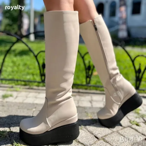 Ботуши на платформа - бежова кожа с черно ходило, снимка 1