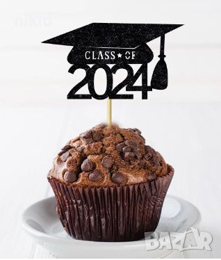 тога 2024 шапка дипломиране завършване бал малък брокатен топер топери за мъфини кексчета абитуриент, снимка 1