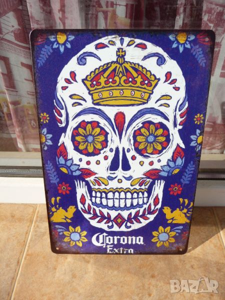 Метална табела бира Corona Extra череп цветя бирена реклама , снимка 1