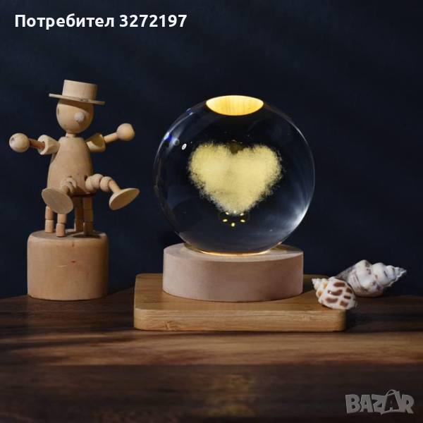 LED Светеща кристална топка/лампа, 3D сензорна - Сърце, снимка 1