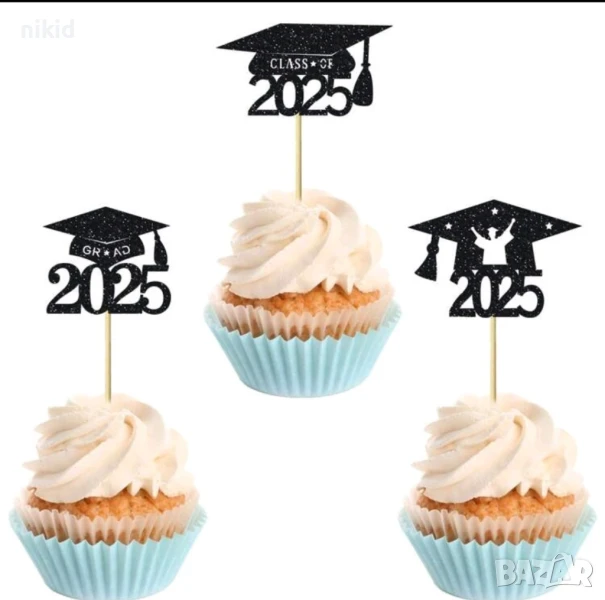 тога 2025 шапка дипломиране завършване бал малък брокатен топер топери за мъфини кексчета абитуриент, снимка 1