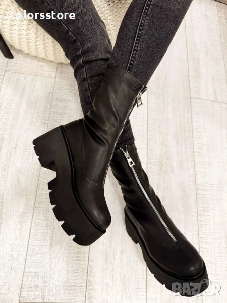 Боти на платформа - черна кожа - LT10 , снимка 1