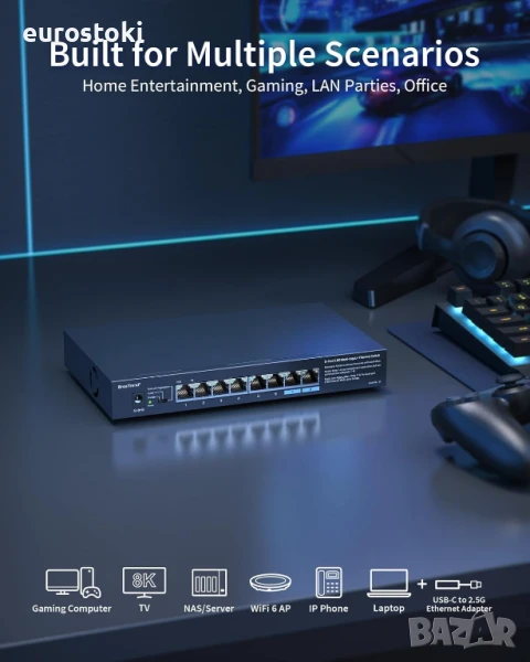 BrosTrend 8-портов 2.5G Ethernet мултигигабитов неуправляем мрежов комутатор, 2.5Gb поддържащ , снимка 1