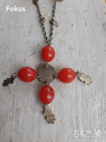 Стар възрожденски накит гердан колие сачан червено стъкло, снимка 7 - Антикварни и старинни предмети - 53371024