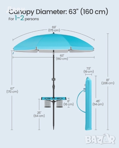 Плажен чадър SONGMICS, 160 см UPF 50+, накланящ се на 30°, регулируем на височина, снимка 3 - Градински мебели, декорация  - 52719861