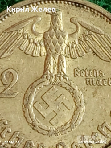 Сребърна монета 2 райхсмарки 1939г. Германия Трети Райх с Свастика за КОЛЕКЦИОНЕРИ 52550, снимка 3 - Нумизматика и бонистика - 53615519