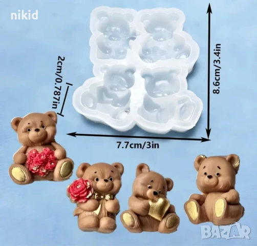 4 пози мече мечета сърце букет цветя силиконов молд форма фондан шоколад гипс смола бонбони декор