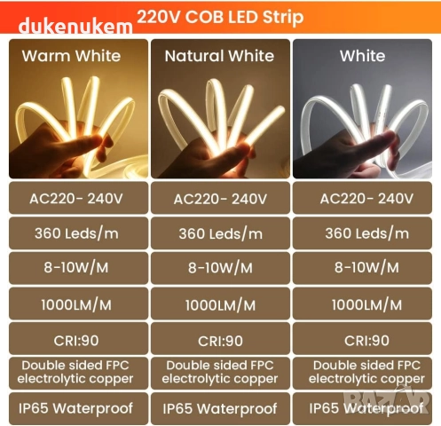 LED лента COB 3 м, 360 LED/м, 220V, IP65 водоустойчива, топла светлина, снимка 7 - Лед осветление - 52638213