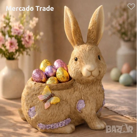 Великденска керамична декоративна фигура Заек с кошница и пеперуда