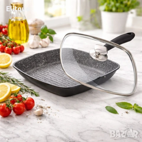 Грил тиган 28см с капак и мраморно покритие Cheffinger – за индукция, с противоплъзгаща дръжка, снимка 4 - Съдове за готвене - 53427494
