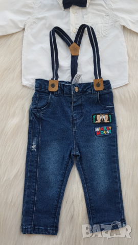 Детски дънки Мики Маус, риза и папионка 9-12 месеца, снимка 4 - Комплекти за бебе - 45034404