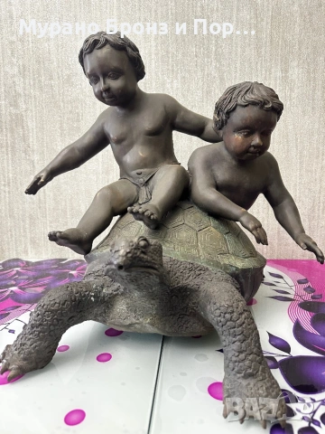 Уникална бронзова скулптура "Деца върху костенурка" – 18 кг (68 см х 52 см)
