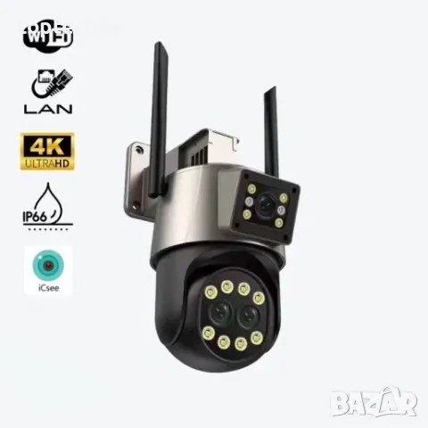 Външна Иновативна WiFi Камера P8-Q9 с три обектива 3x 3MP и 8x Оптичен Zoom, ICSee, Тъмно Сива, снимка 1 - IP камери - 49182716