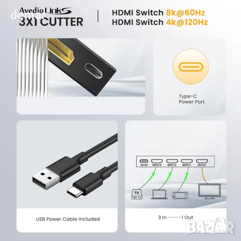 avedio links 3 порта HDMI превключвател 3 входа - 1 изход 8K@60Hz 4K@120Hz, с дистанционно, снимка 7 - Друга електроника - 46981286