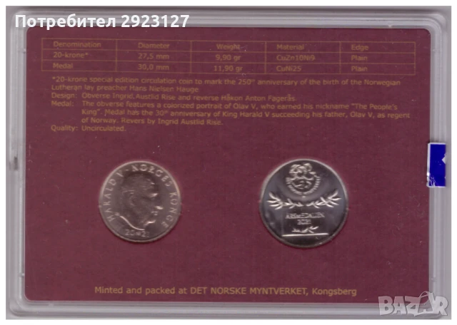 ВЪЗПОМЕНАТЕЛНА МОНЕТА И ПЛАКЕТ - НОРВЕГИЯ /виж описанието/, снимка 2 - Нумизматика и бонистика - 50615812