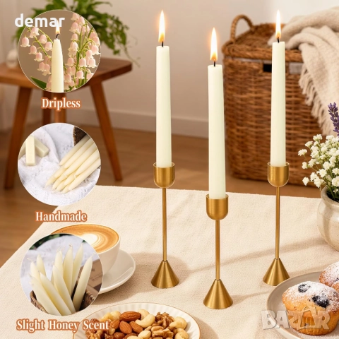 12 броя свещи от пчелен восък, конусовидни, 23 см, време на горене 10 часа, бели, снимка 7 - Други - 52445679