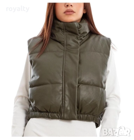 Дамска зелена ватирана кожена грейка, снимка 4 - Елеци - 52201545