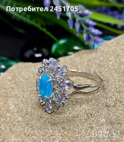 Сребърен пръстен 925 с натурални танзанити и в средата Син опал, снимка 2 - Пръстени - 52583280