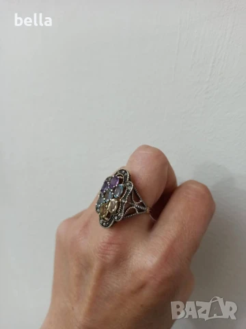 УНИКАТ-ЗЛАТЕН ПРЪСТЕН С ДИАМАНТИ ,АКВАМАРИН ЦИТРИН И АМЕТИСТ, снимка 6 - Пръстени - 50535941