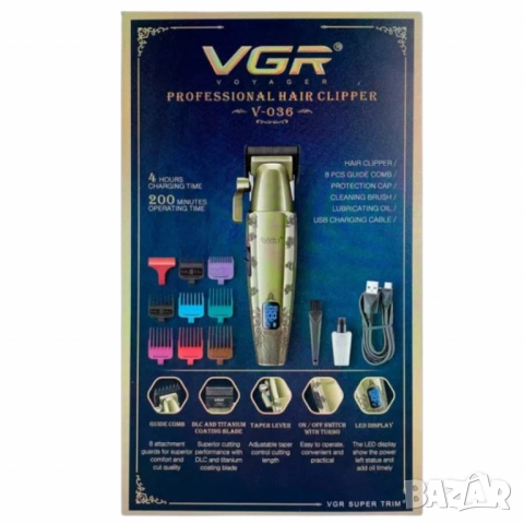 Професионална машинка за подстригване VGR V-036 с мощен мотор, титаниеви ножове и батерия 2600mAh, снимка 4 - Тримери - 52112881