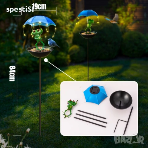 Соларна лампа ЖАБА за градина с чадър и хранилка за птици (84 см) - КОД 4998, снимка 3 - Соларни лампи - 54150283